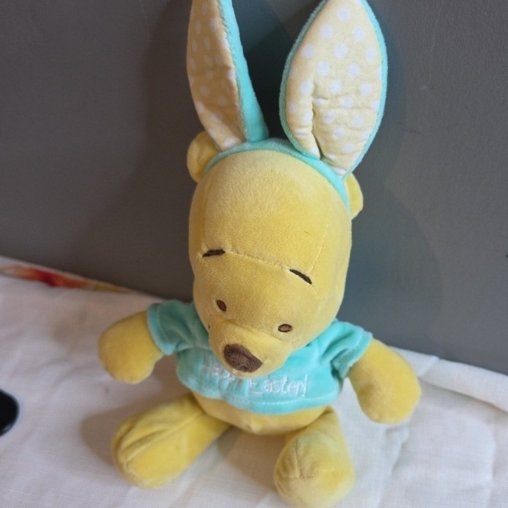 Disney Baby Winnie the Pooh Easter Bunny Plush Yellow Teal Happy Easter 12 inch
